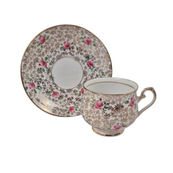 Thomas Forester & Sons Teacup Saucer Set Gold Floral Pink Rose Pattern England - Picture 3 of 10